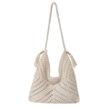Beige hand-woven crochet beach tote bag with bohemian tassel and rope strap detail - Off White