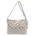 Bohemian cream macrame woven crossbody bag with diamond patterns and tassels - White