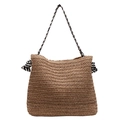 Stroh-Stofftasche für den Sommer mit schwarz-weiß gestreiften Seilgriffen für Damen - Khaki