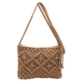 Bohemian hand-woven crossbody bag with diamond pattern and side tassels in earthy brown - Khaki