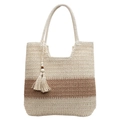 Two-tone woven straw tote bag in cream and dark brown with decorative wood bead tassel - Off White
