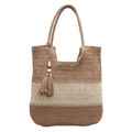 Handwoven straw tote bag with brown and beige stripes and bohemian fringe detail - Khaki