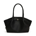 Large black lychee pattern leather tote bag with pleated wings and gold hardware - Black