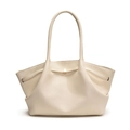 Chic cream white pleated tote bag with pebble leather texture and gold metal detail - White