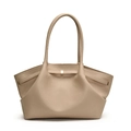 Minimalist apricot pleated leather tote bag with a soft lychee texture and gold buckle - Khaki
