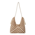 Borsa a spalla boho fatta a mano con motivo all'uncinetto beige marrone e frange - Cachi