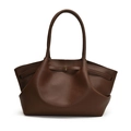 Deep brown lychee pattern leather tote bag with vintage pleated design and gold buckle - Brown
