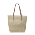 Bolso tote de paja tejida con asas de cuero marrón y cierre de cremallera en beige - Blanco Roto