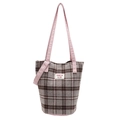 Bolso tote de cuadros gris-marrón con asas rosas de lona en estilo japonés - Rosa
