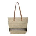 Bolso tote de paja minimalista con rayas azul marino y asas de cuero marrón - Blanco y Negro