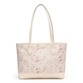 Borsa tote crema con stampe di gatti rosa e targhetta dorata con logo del marchio - Bianco