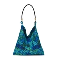 Borsa tote in tela con motivo floreale blu-verde e manici tubolari neri eleganti - Stile Borsa a Mano / Verde