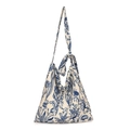 Borsa tote stile zen con ricamo floreale blu vintage su tessuto in tela bianco panna - Stile Tracolla Lunga / Bianco