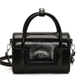 Elegante borsa a mano quadrata in pelle cerata nera con manico e tracolla - Nero
