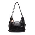 Retro black leather tote bag for women featuring a minimalist baseball charm and long straps - Black + Baseball Kit