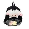 Süßer schwarzer Rucksack mit Blasen-Textur, weißem Lamm-Plüsch und Anya-Anime-Karte - Schwarz Transparent