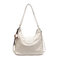 Minimalist beige soft leather tote bag with diagonal stitching and sports themed pendant - Beige And Baseball Charm