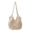 Beige hand-crocheted tote bag with geometric diamond pattern and wide shoulder strap - White