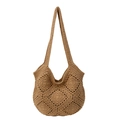 Bohemian crochet tote bag with hollow square patterns in light brown earth tones - Khaki