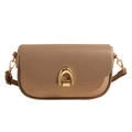 Bolso bandolera cuadrado mínimo con solapa de cuero marrón y cuerpo de tejido beige - Caqui