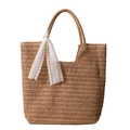 Braune Strohtasche mit weißem Spitzenband und gewebten Griffen für den Sommerlook - Khaki