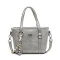 Minimalist light gray bucket bag with top handles, metallic logo and woven bell charm - Gray (With Silver Bell Braided Rope)