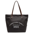 Dark gray canvas tote bag with brown leather handles and Cherish Every Moment print - Dark Brown