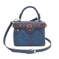 Borsa a mano vintage in denim blu con finiture in ecopelle marrone e dettagli in metallo - Blu scuro