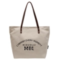Large off-white canvas tote bag with brown leather straps and slogan print - Off White