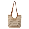 Borsa tote in paglia intrecciata crema con manici in pelle marrone e rivetti dorati - Bianco