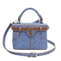 Borsa a scatola in denim azzurro con finiture in pelle marrone e tracolla rimovibile - Azzurro