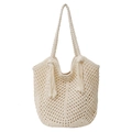 Sac fourre-tout beige fait main au crochet avec franges et motif en maille losange - Blanc Cassé