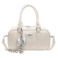 Chic beige bowling crossbody bag in matte leather finish with silver bow charm - Cream White (With Bow Pendant)