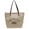 Canvas tote bag with 'Cherish Every Moment' print and dark brown leather straps - Khaki