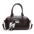 Deep brown matte Boston bowling bag with dual handles and silver bow charm detail - Coffee (With Bow Pendant)