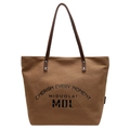 Brown canvas tote bag with black letter print and dark brown shoulder straps - Brown