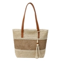 Bolso de playa tejido bicolor en beige y marrón oscuro con borla y asas de cuero - Blanco Roto