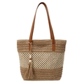 Bolso tote bohemio de paja en bloques de color con asas de PU y detalle de borla - Caqui