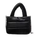 Minimalist black quilted bucket bag with padded texture and silver bead chain strap - Black