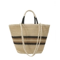 Grande borsa tote in paglia intrecciata con strisce nere e marroni e doppie tracolle - Bianco Sporco