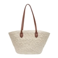 Minimalist beige woven straw tote bag with brown leather shoulder straps and leaf detail - Off White