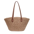 Minimalist hand-woven straw tote bag with brown leather straps for summer vacations - Khaki