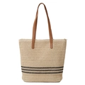 Beigefarbene gewebte Stroh-Tasche mit schwarzen Streifen und braunen Ledergriffen - Beige Mit Drei Streifen (Stil 1)