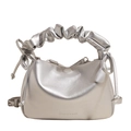 Silver metallic dumpling bag with ruched handle and adjustable strap for crossbody wear - Silver