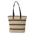 Schicke gewebte Stroh-Stofftasche mit beige-schwarzen Streifen und Kunstledergriffen - Alles Schwarz-Weiß Gestreift (Stil 2)