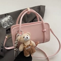 Pink PU leather crossbody square bag with a cute plush bear pendant and top handle - Pink With Bear Charm