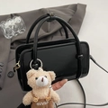 Glossy black square handbag with plush bear charm and adjustable shoulder strap - Black With Bear Charm