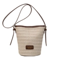 Schicke beige Stroh-Eimertasche mit dunkelbraunem Lederbesatz und schmalem Gurt - Gebrochenes Weiß