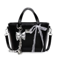 Minimalist black oil wax leather bucket bag with silver bow and lace detail - Black With Bow Heart Knot