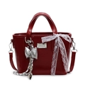 Deep red oil wax leather bucket bag with silver bow charm and white lace detail - Wine Red With Bow Heart Knot
